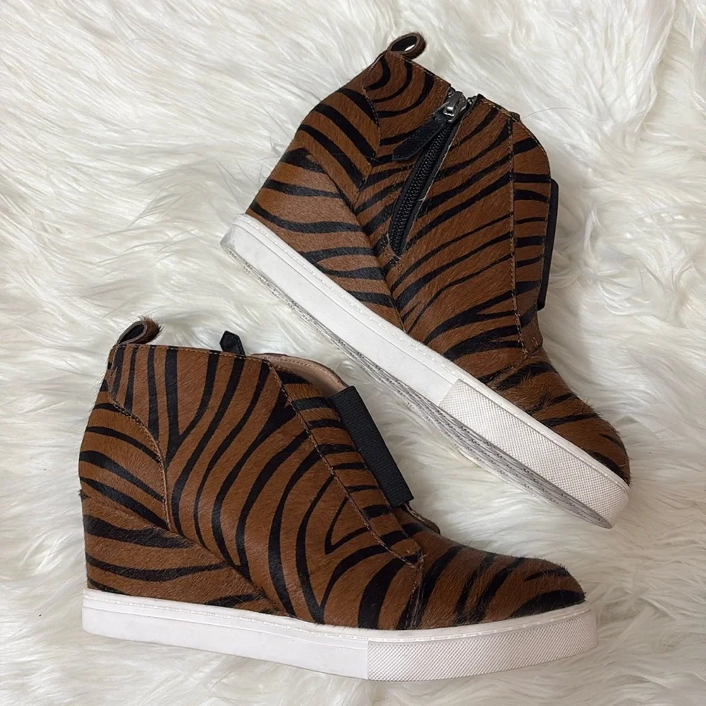 Linea Paolo Real Fur Printed Calf Hair Zebra Print Felicia Wedge Sneaker Booties